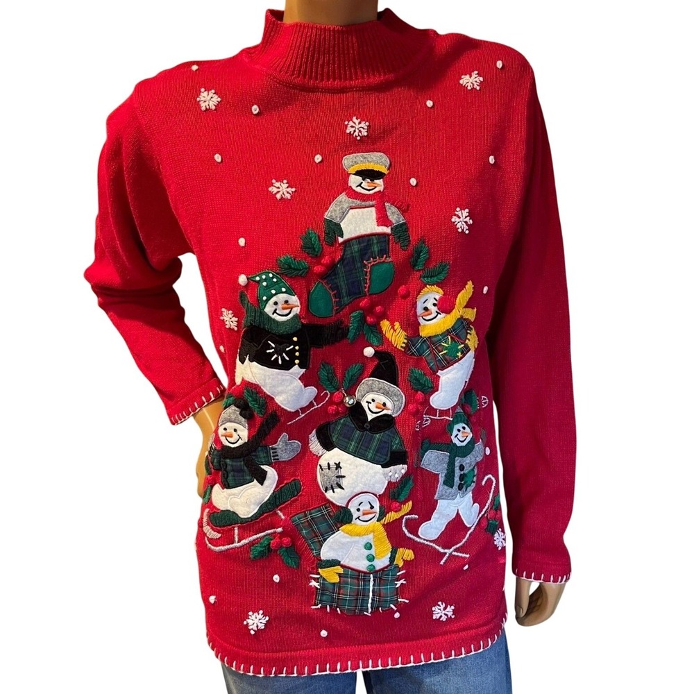 Vintage B.P. Designs Red Christmas Sweater Snowman Applique Medium